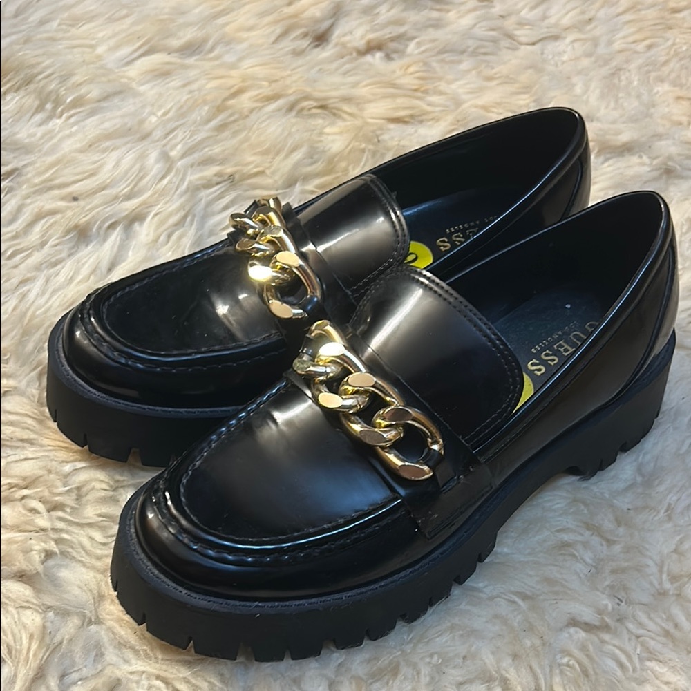 Guess Black Loafers with Gold Chain